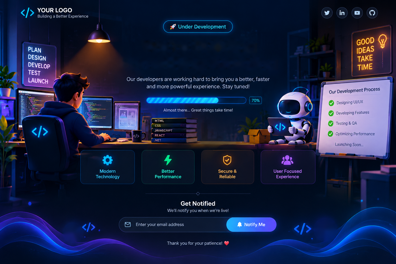 Developer and robot building the new school website